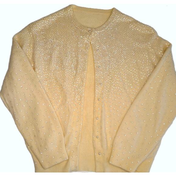 Sweater Womens Hand Beaded Vintage 1980s Small Cream Yellow Sparkly - Picture 1 of 8